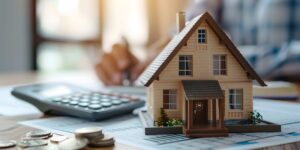 tiny figurine of house for sale next to calculator and mortgage papers