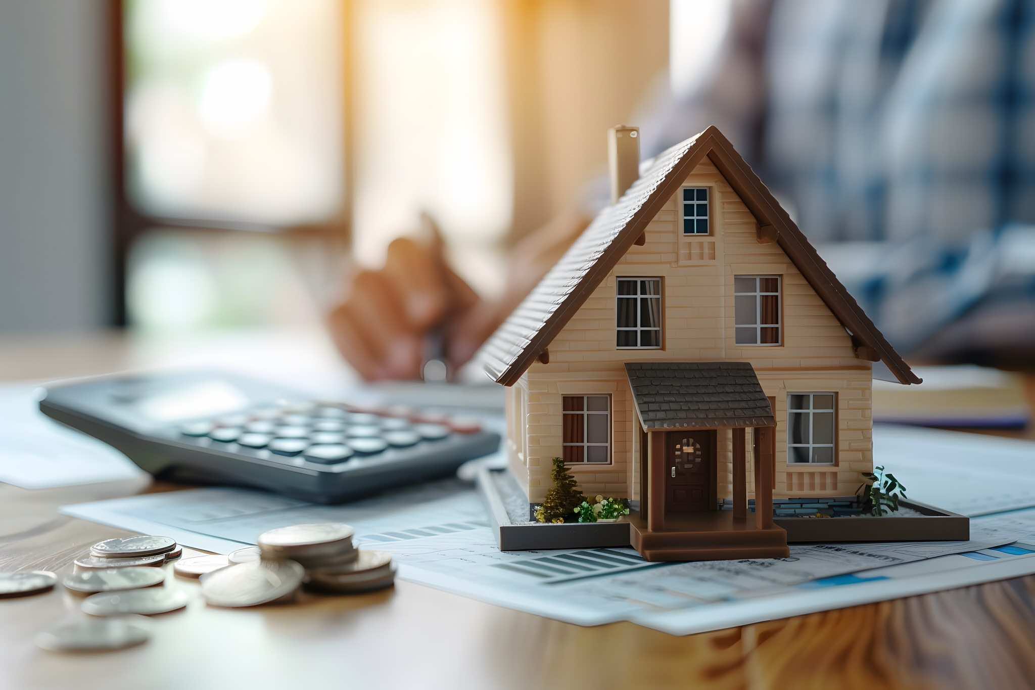 tiny figurine of house for sale next to calculator and mortgage papers